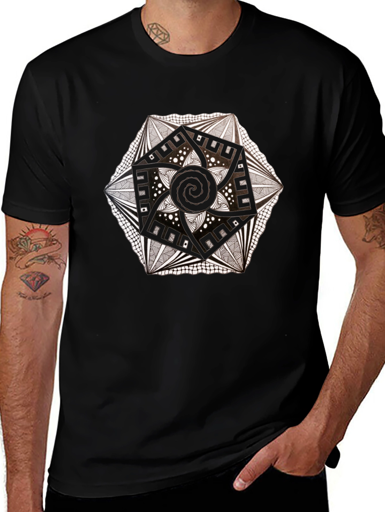 Geometric Mandala Tee - Black Artistic Design