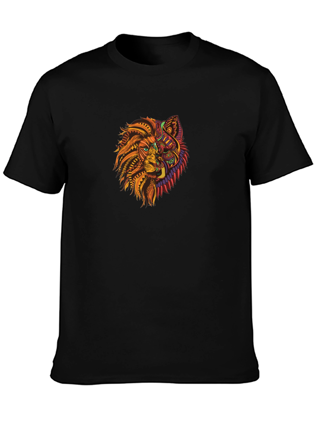 Tribal Lion Wolf Graphic Black T-Shirt