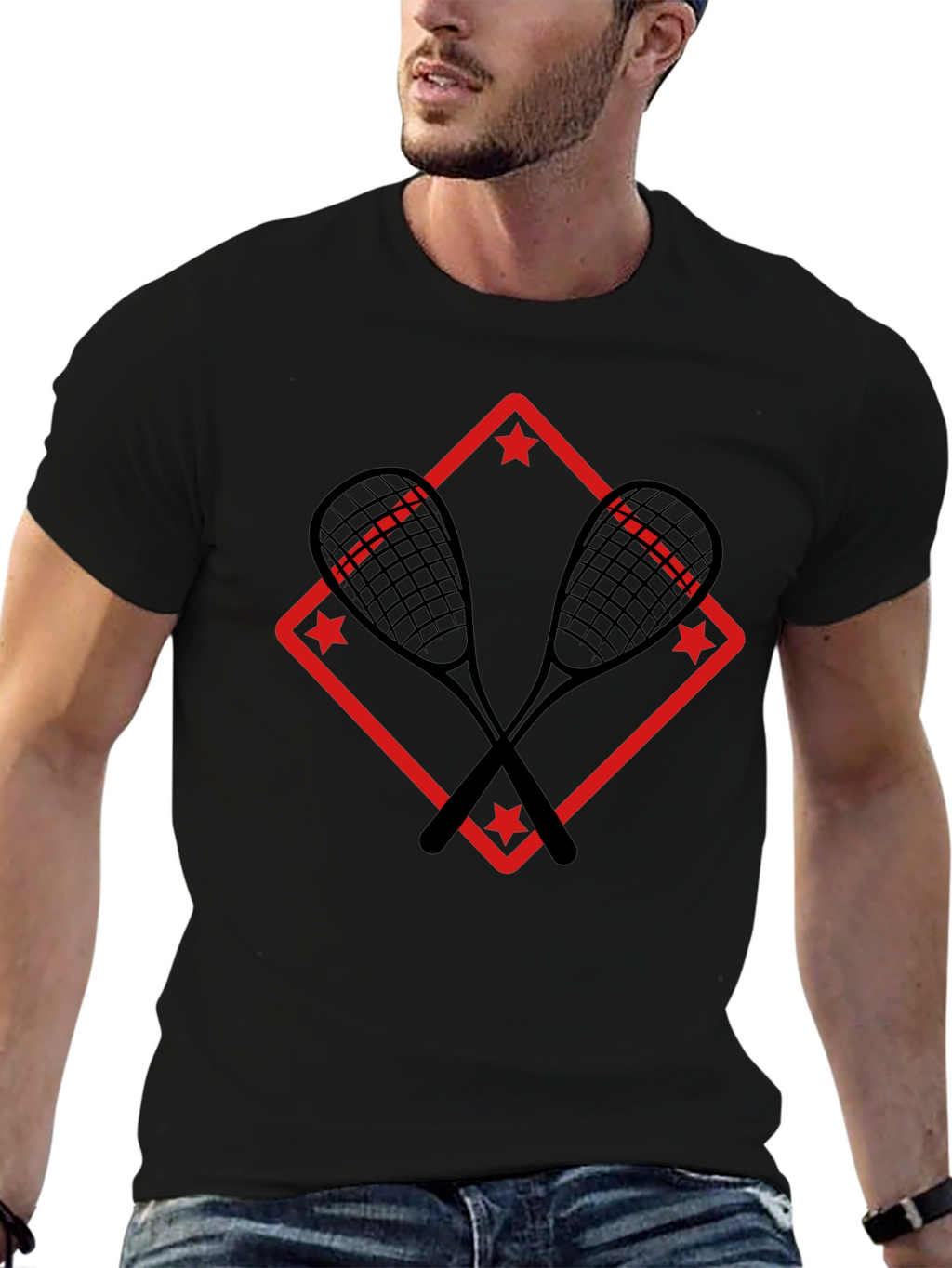 Squash Racket Graphic Tee - Black Cotton T-Shirt