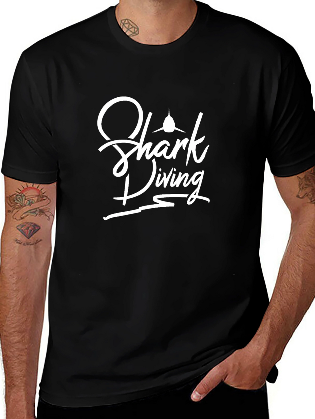 Shark Diving Graphic Tee - Black Cotton T-Shirt