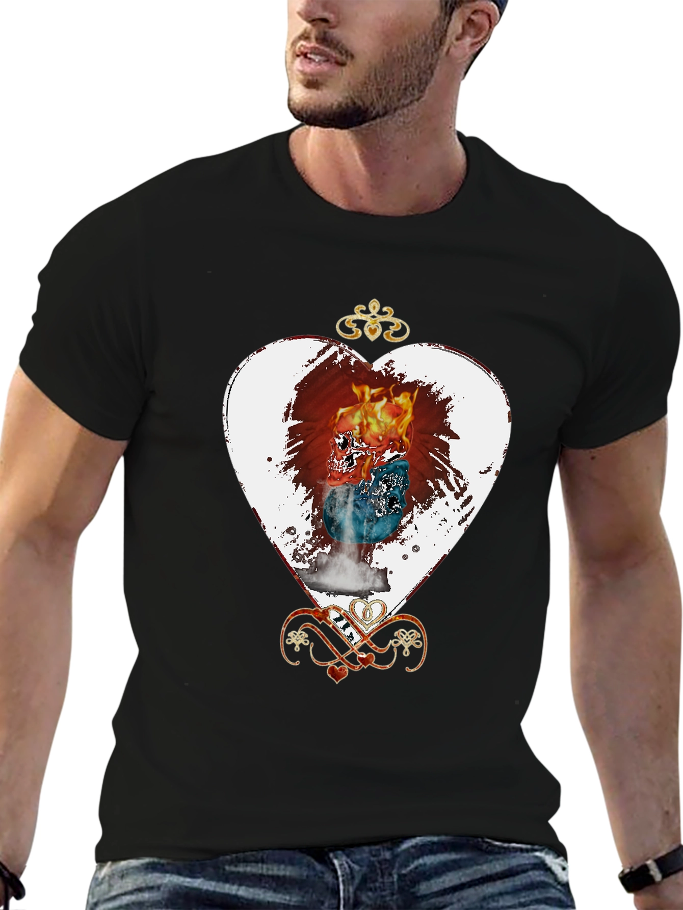 Flaming Skull Heart Graphic Tee - Unique Design