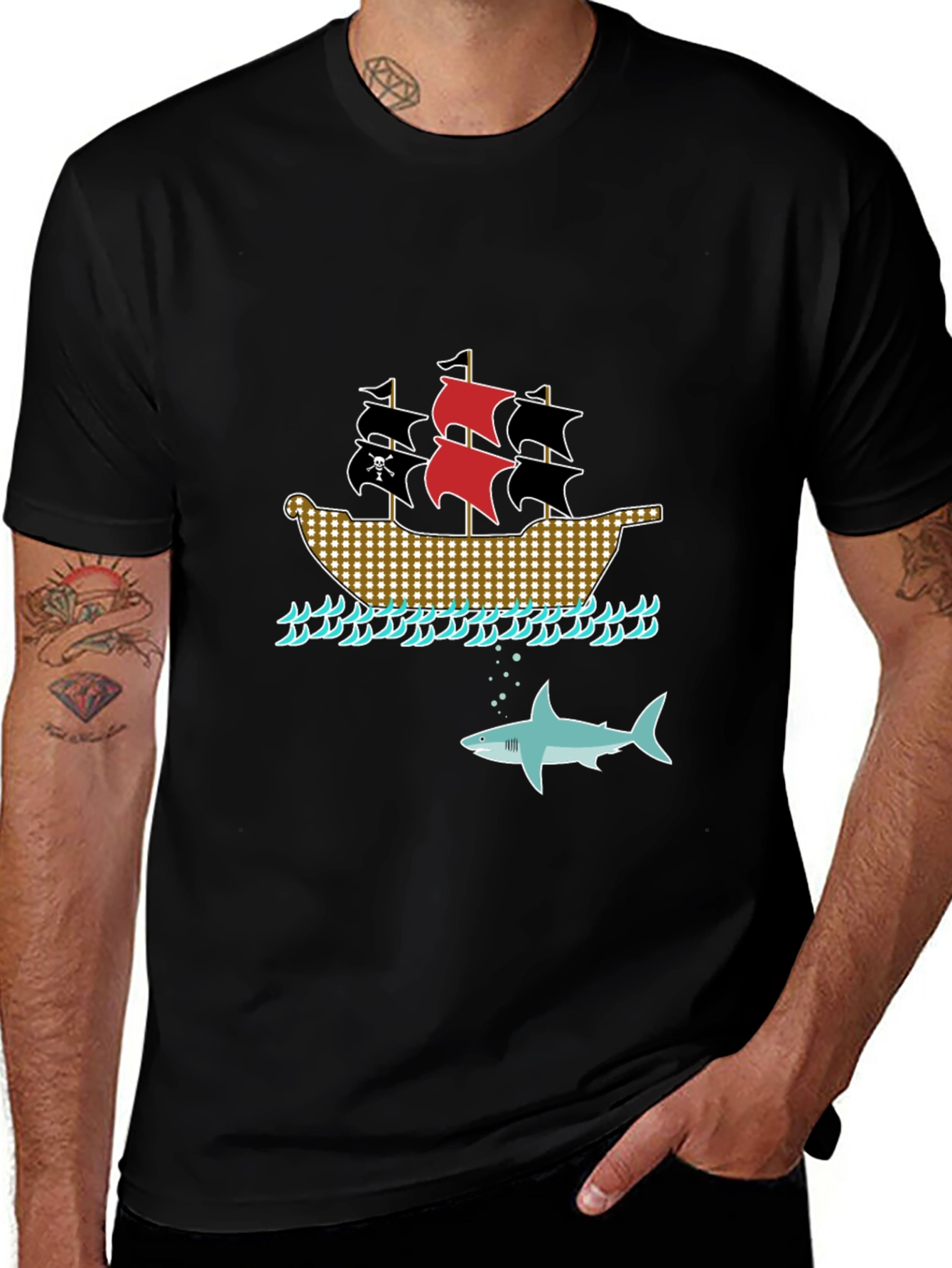 Pirate Ship & Shark Black T-Shirt
