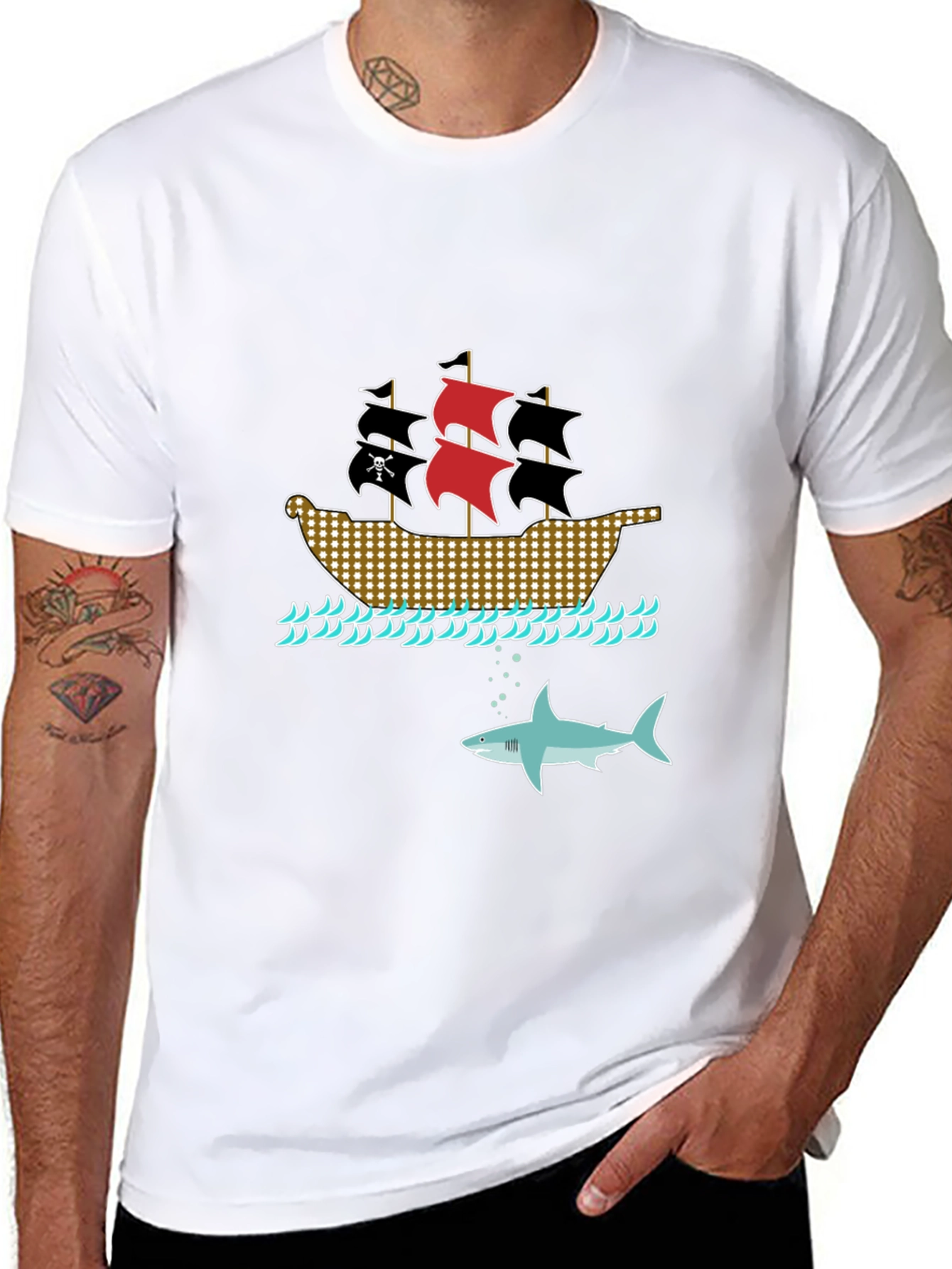 Pirate Ship & Shark Black T-Shirt