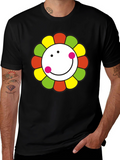 Smiley Flower Graphic T-Shirt - Black Cotton Tee
