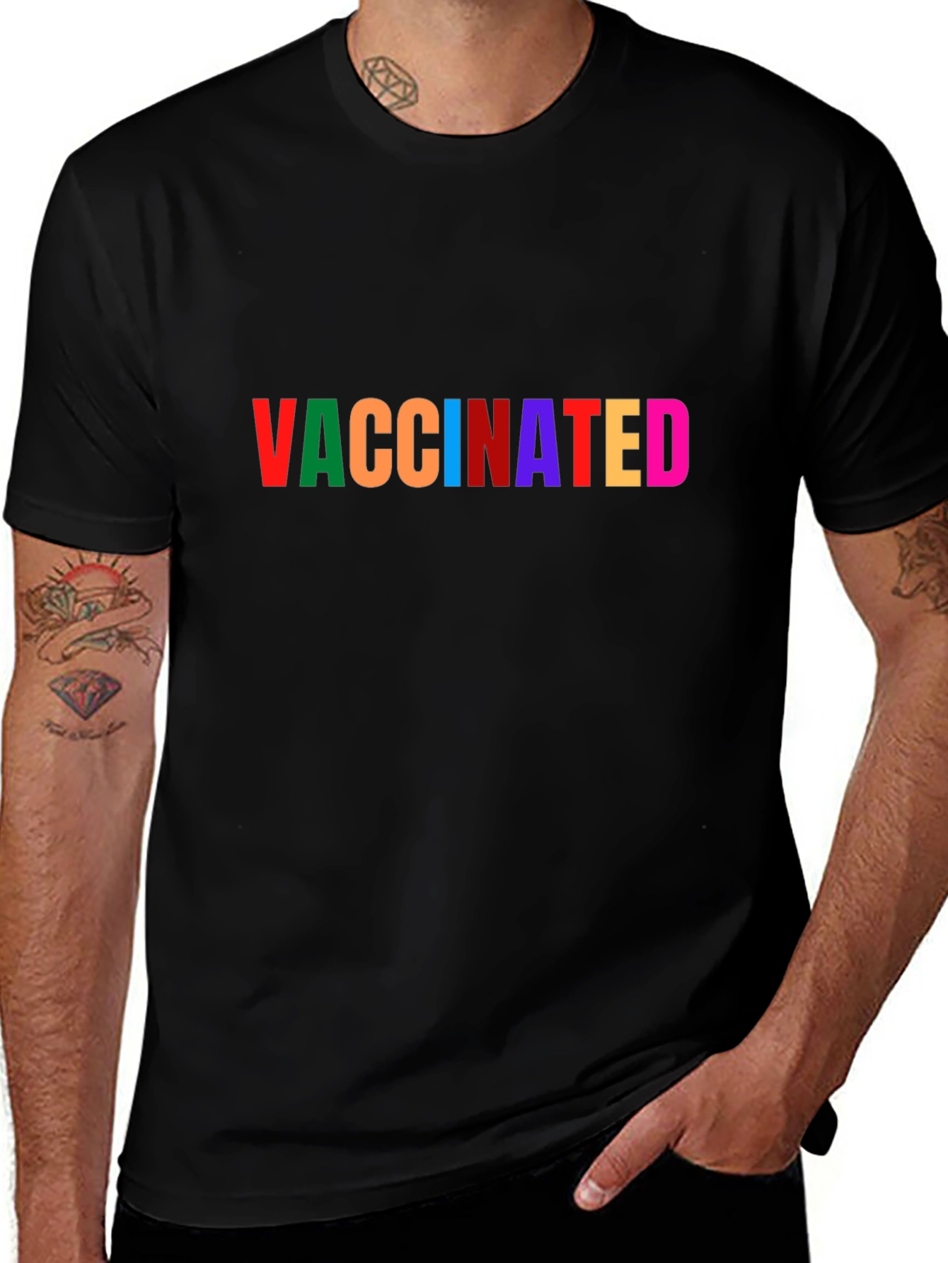Vaccinated Rainbow Text Black T-Shirt