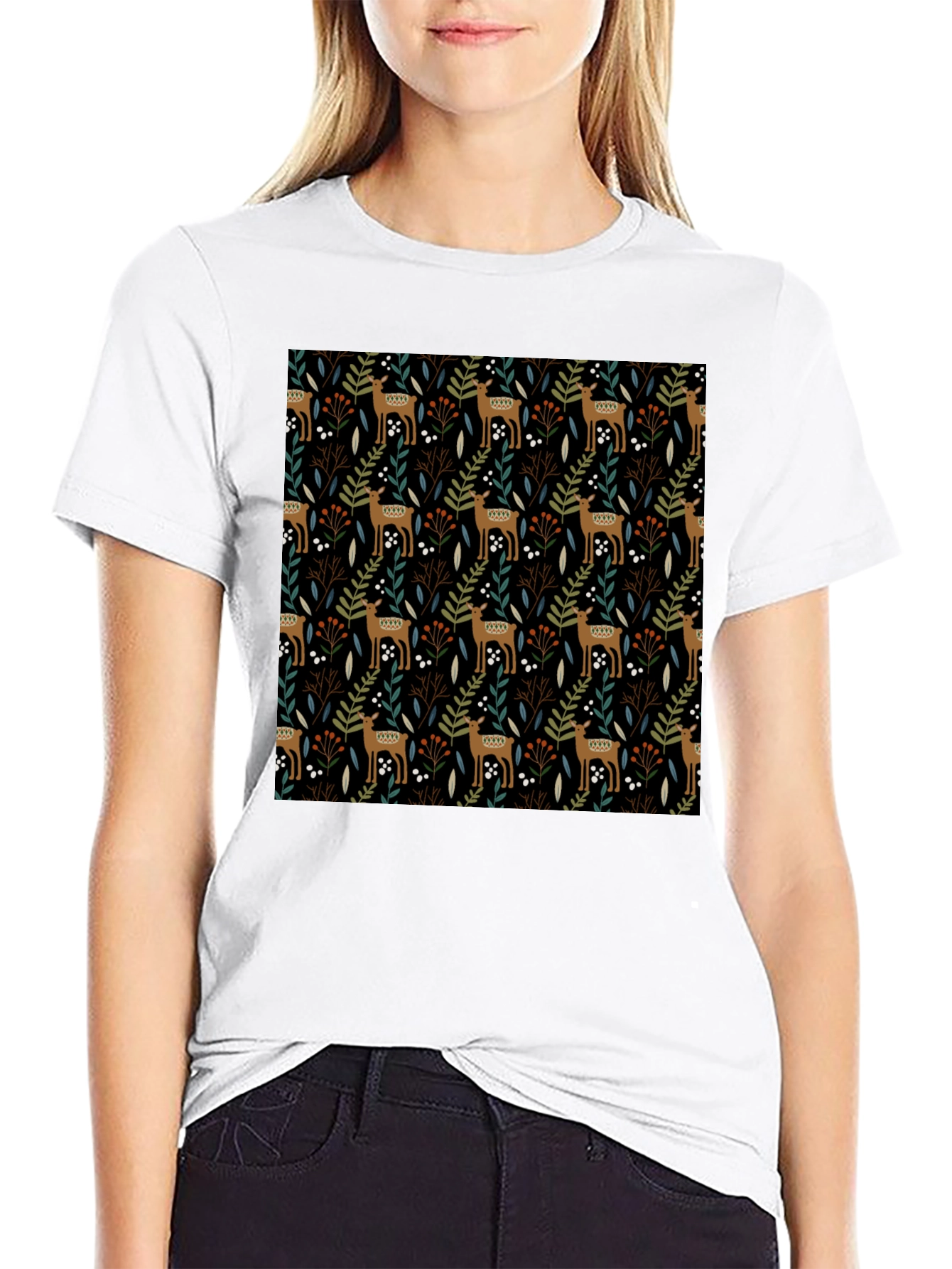 Deer & Foliage Print Black T-Shirt