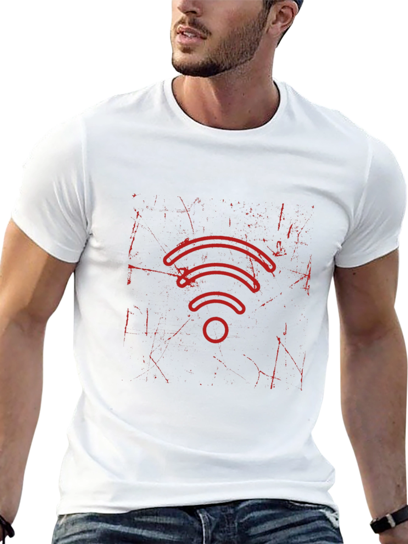 Distressed Red WiFi Symbol Black T-Shirt