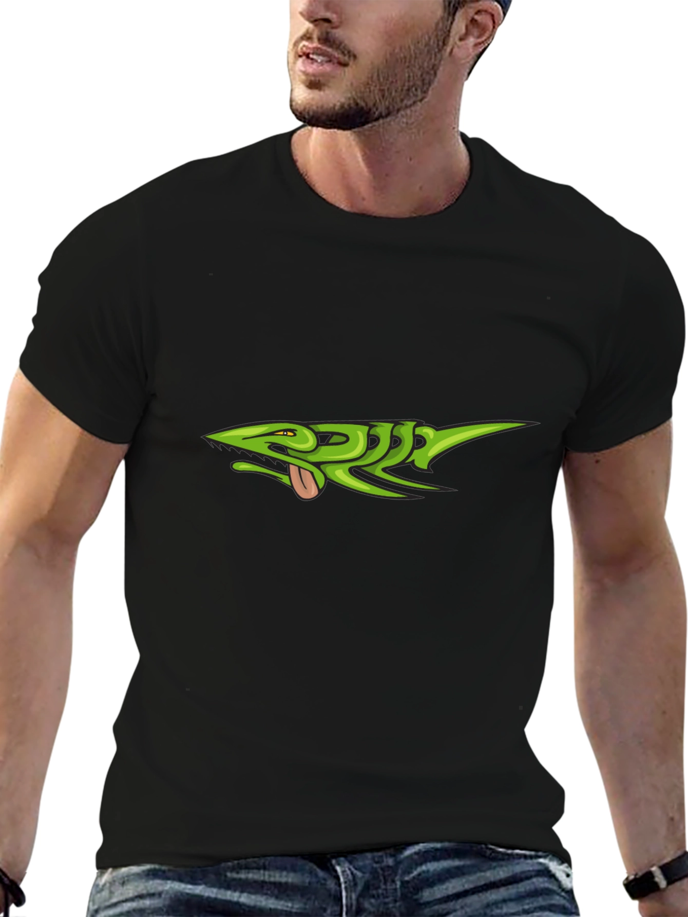Green Lizard Graphic Black T-Shirt