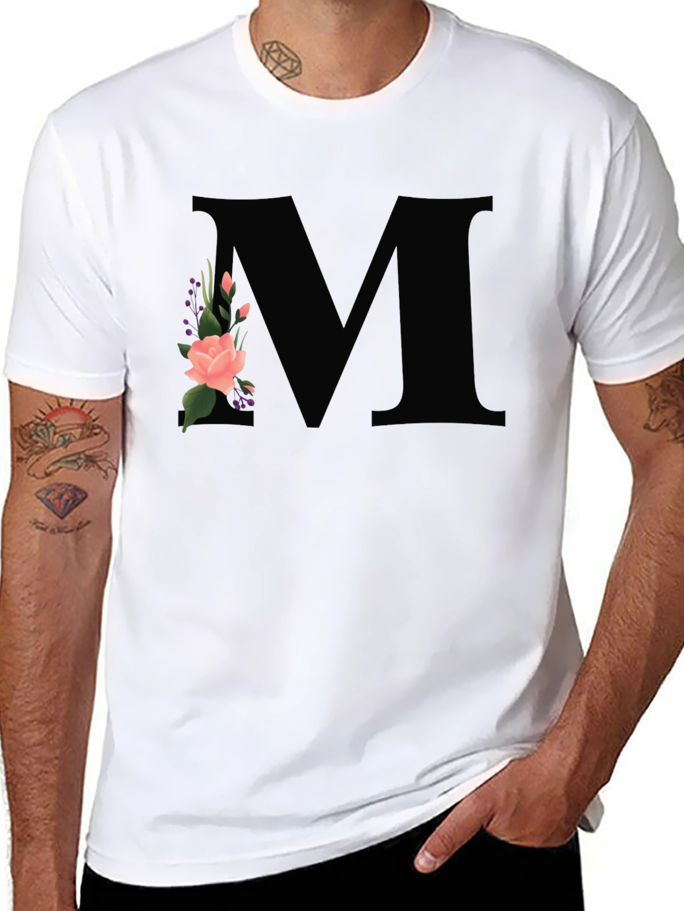 Floral Initial M Black T-Shirt