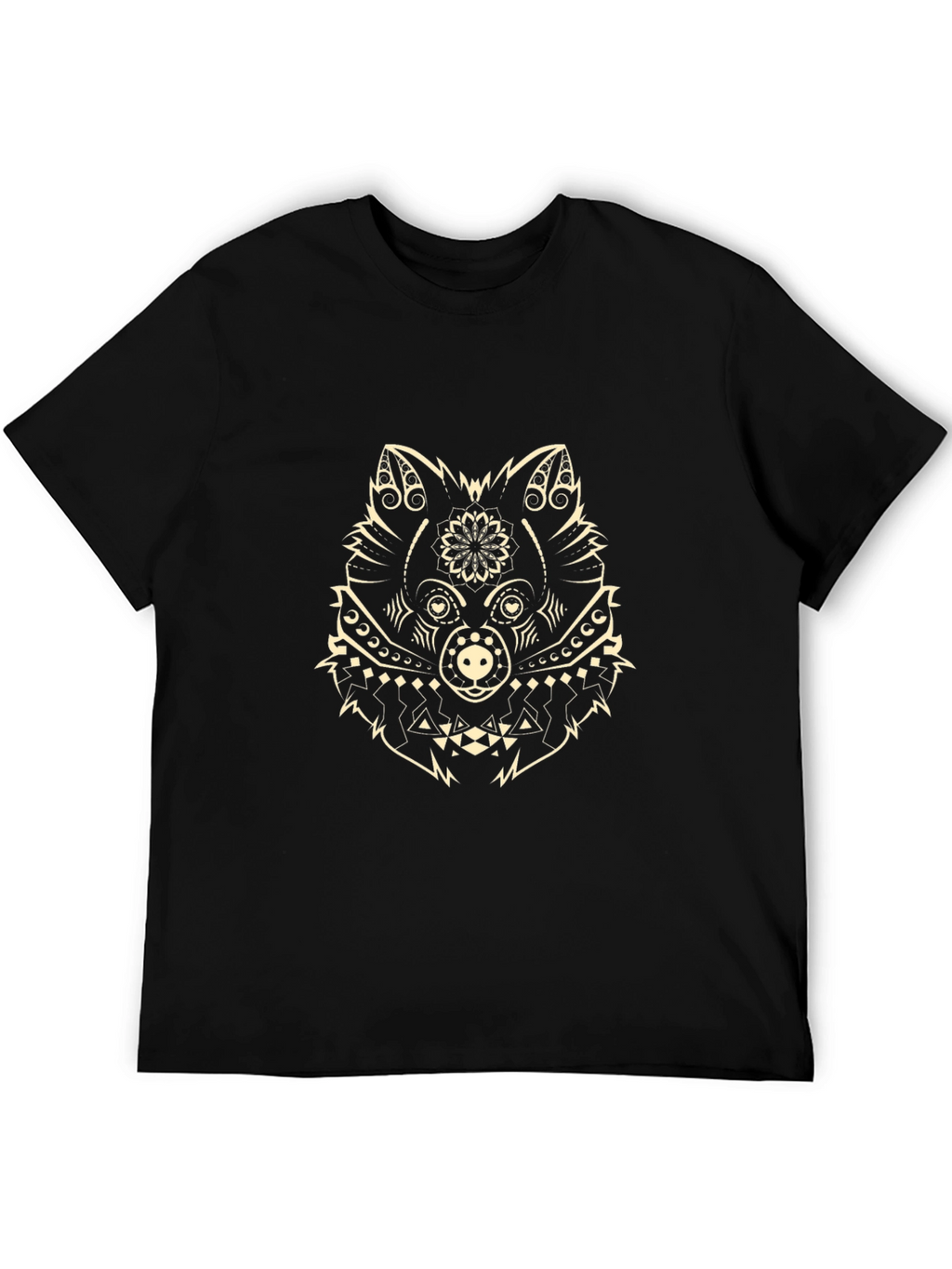 Black Tee with Geometric Wolf Design
