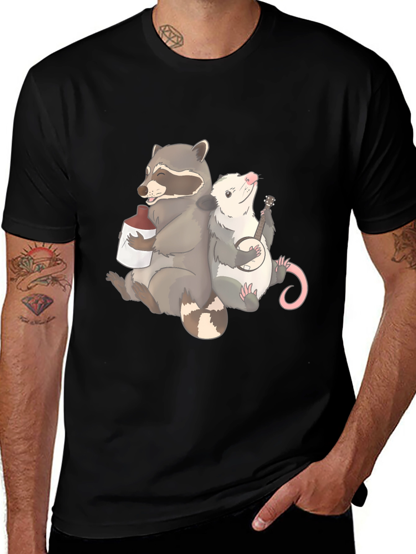 Raccoon & Opossum Drinking Buddies Graphic T-Shirt