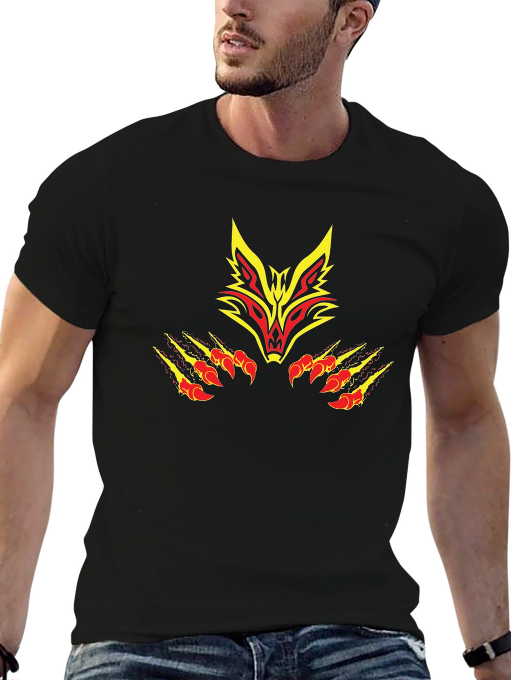 Black Tee with Tribal Fox Design