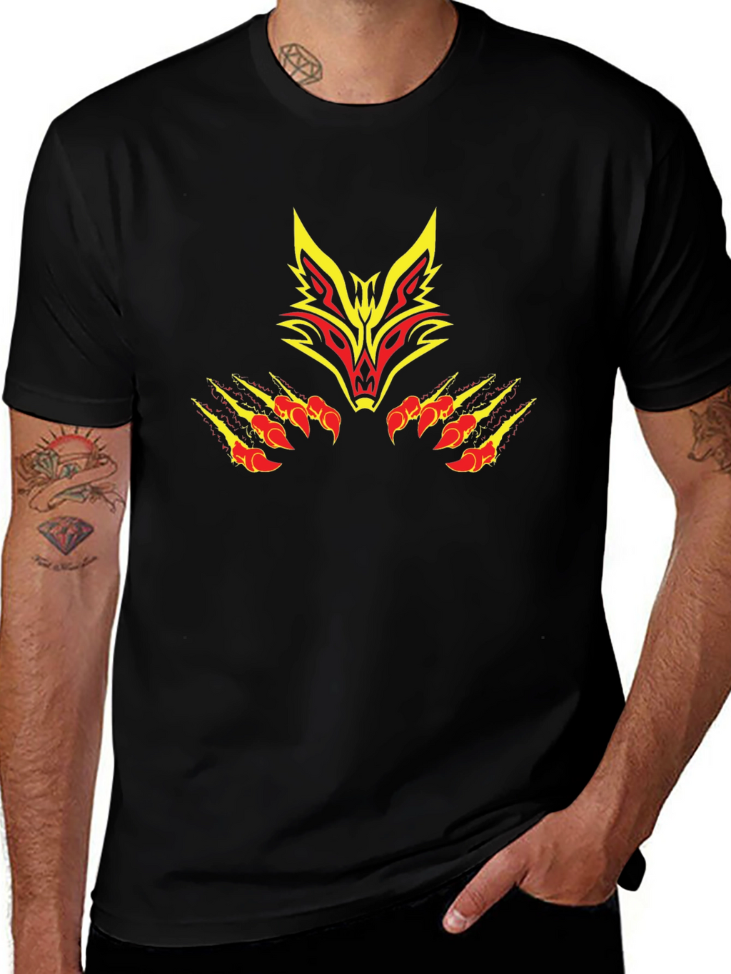 Black Tee with Tribal Fox Design