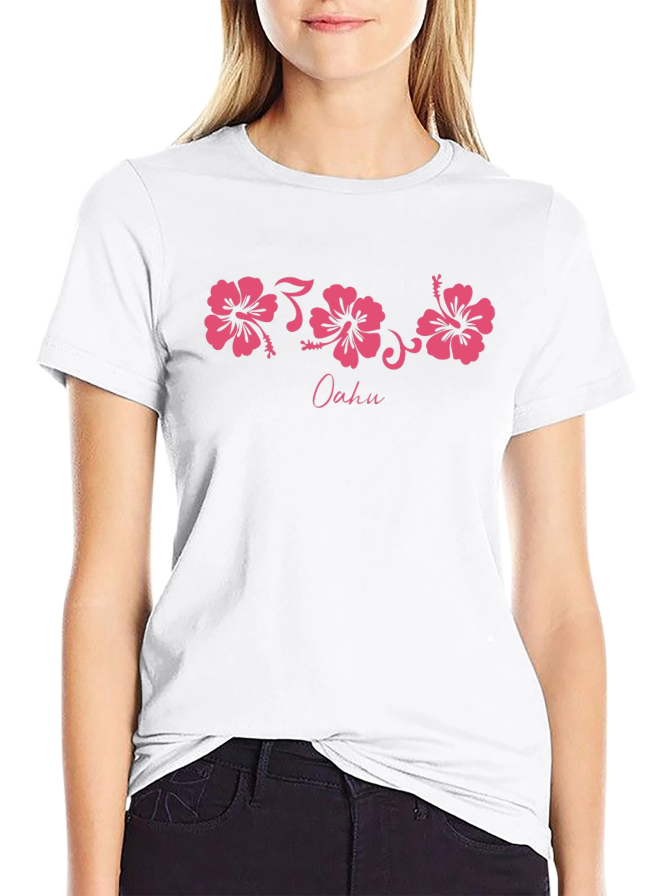 Oahu Pink Hibiscus Flower Graphic Black T-Shirt