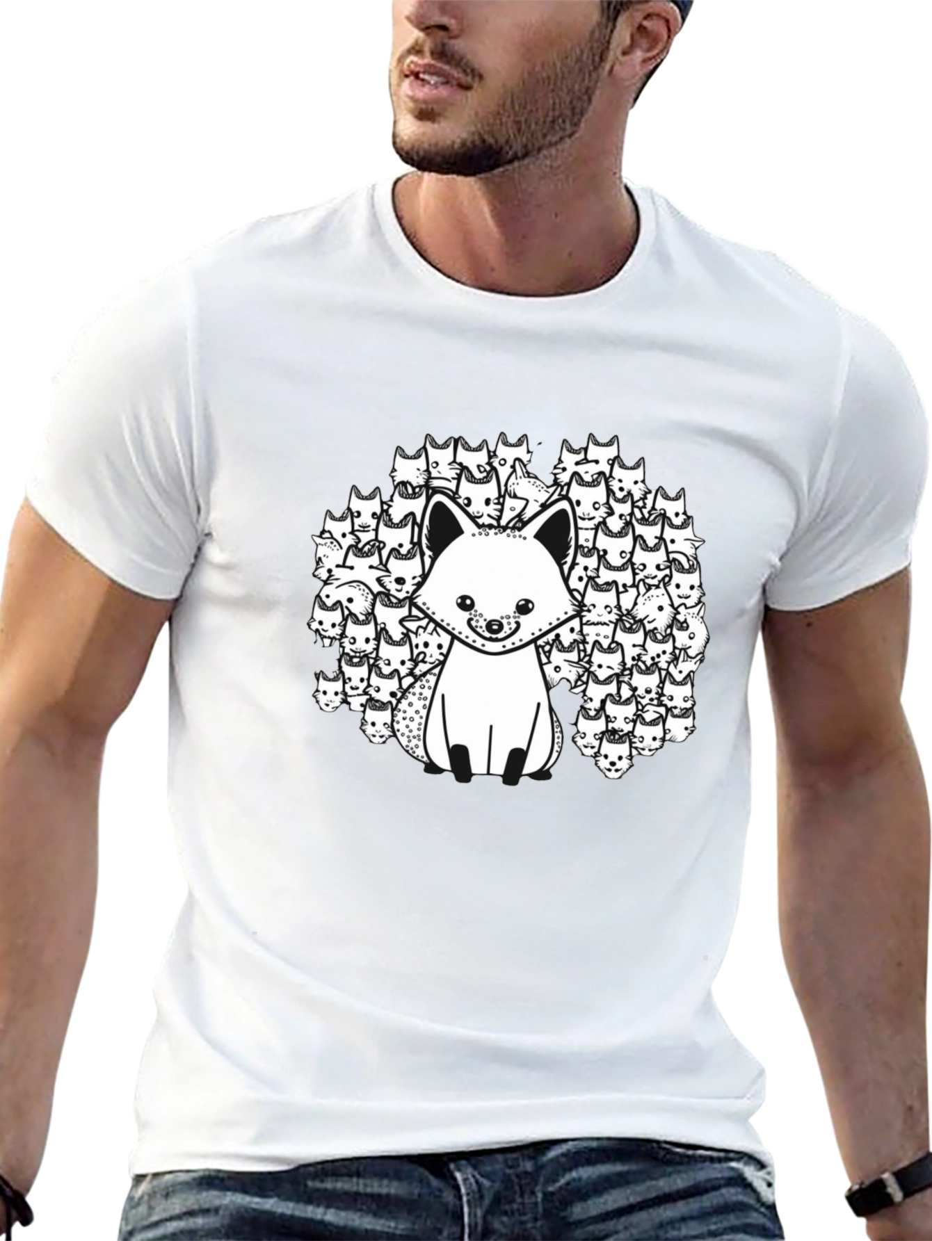 Black T-Shirt with Fox and Fox Face Design