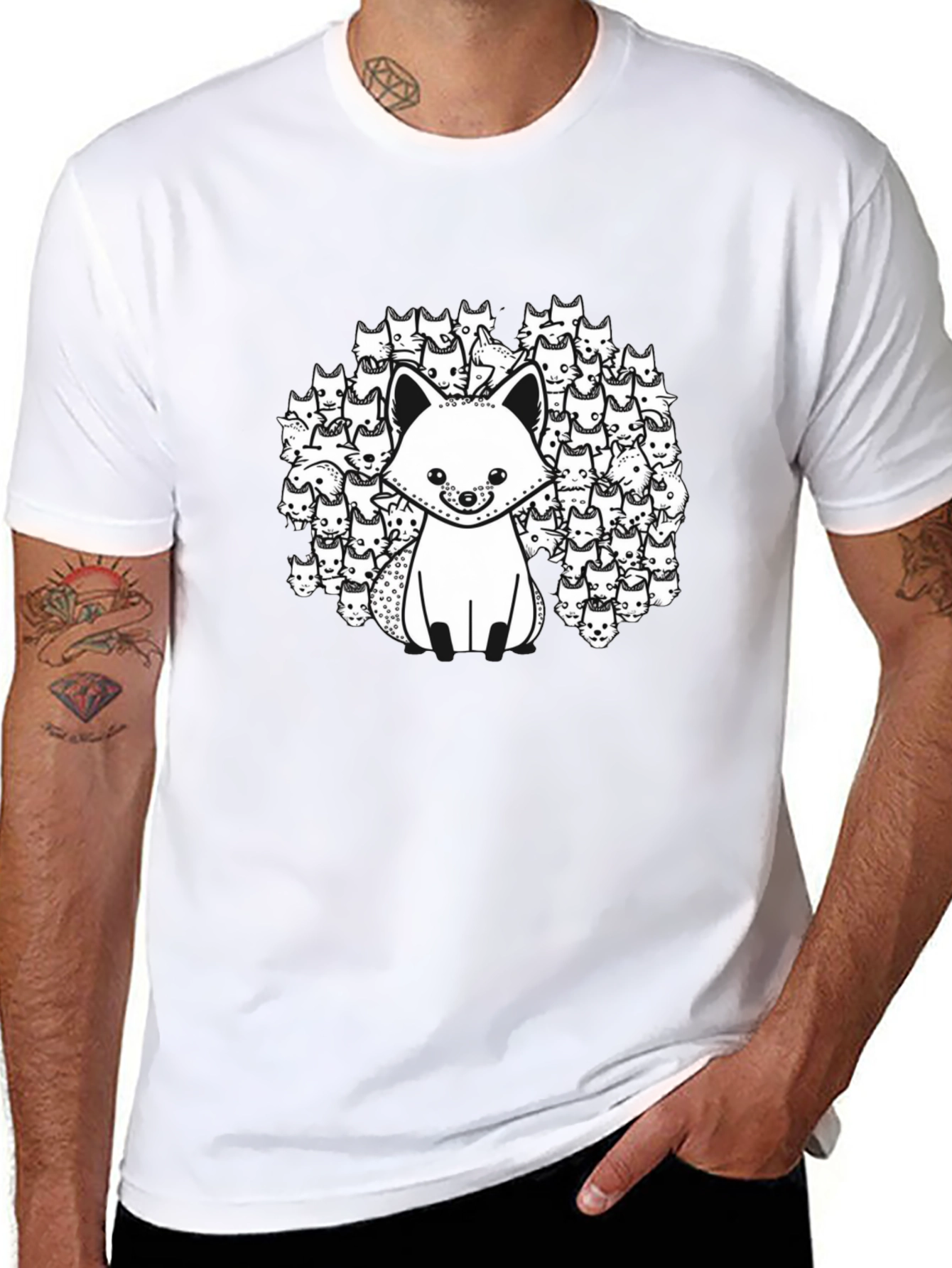 Black T-Shirt with Fox and Fox Face Design