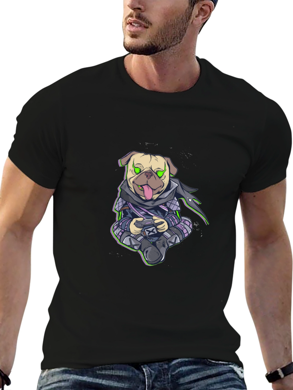 Gamer Pug Graphic T-Shirt - Black