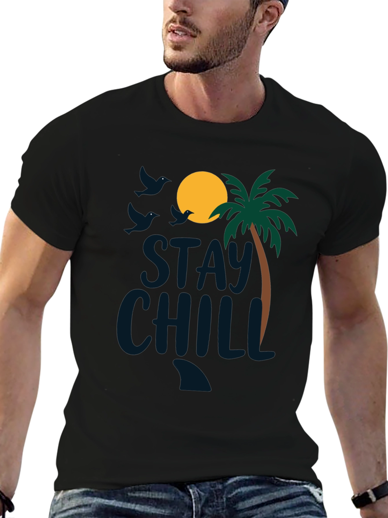 Stay Chill Beach Tee: Tropical Palm Graphic Black T-Shirt