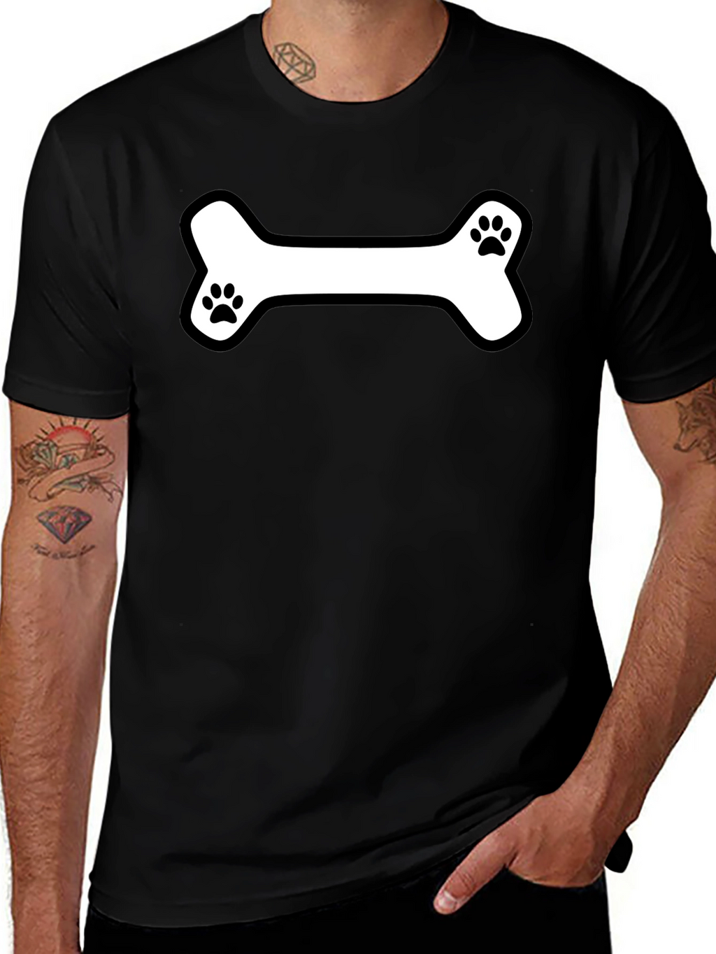 Dog Bone Paw Print T-Shirt - Black Cotton Tee