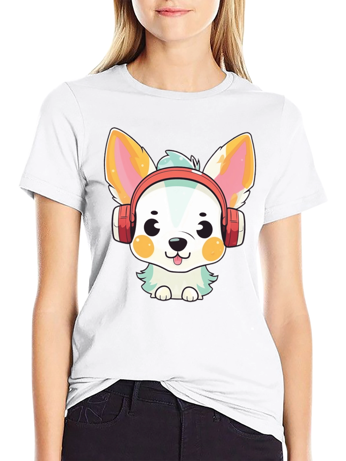 Cute Dog with Headphones Black T-Shirt
