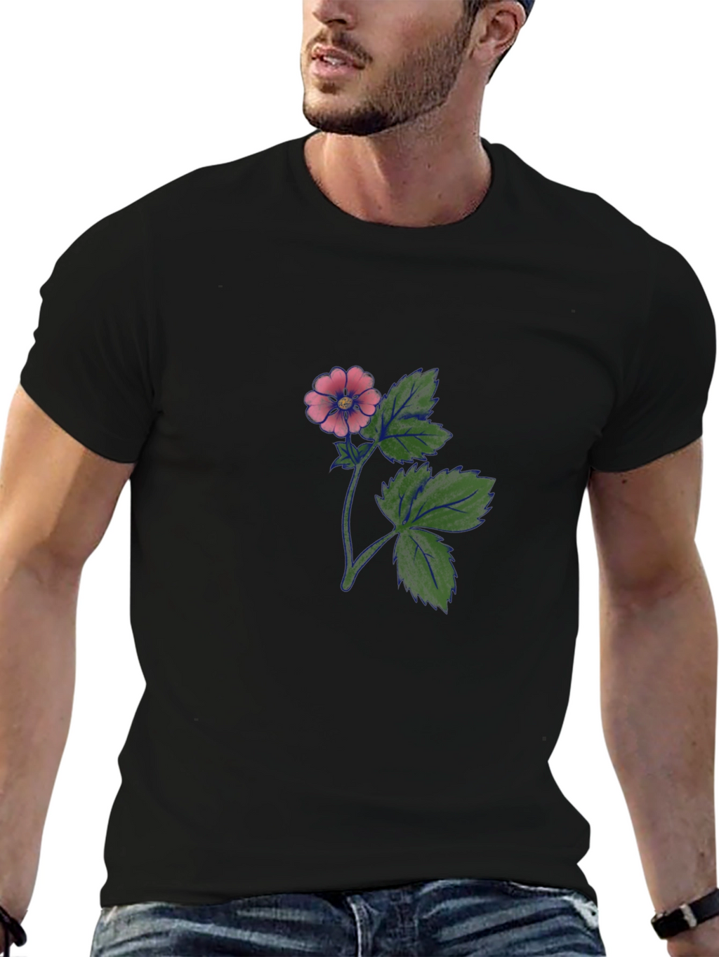 Black T-Shirt with Floral Print