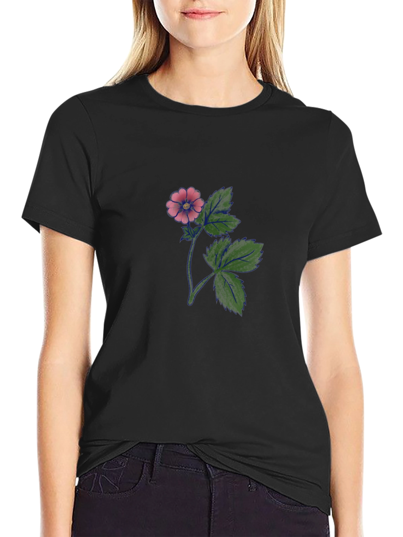 Black T-Shirt with Floral Print