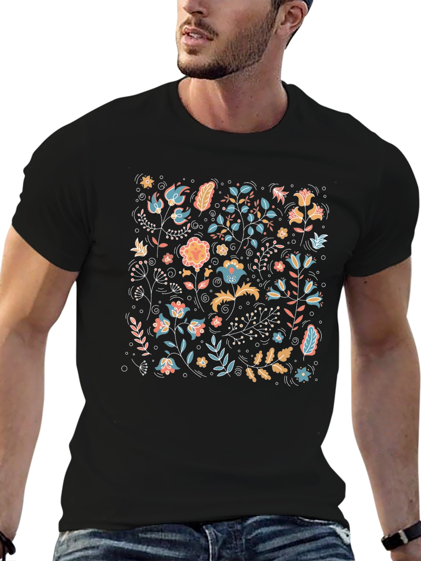 Floral Pattern Black Crew Neck T-Shirt