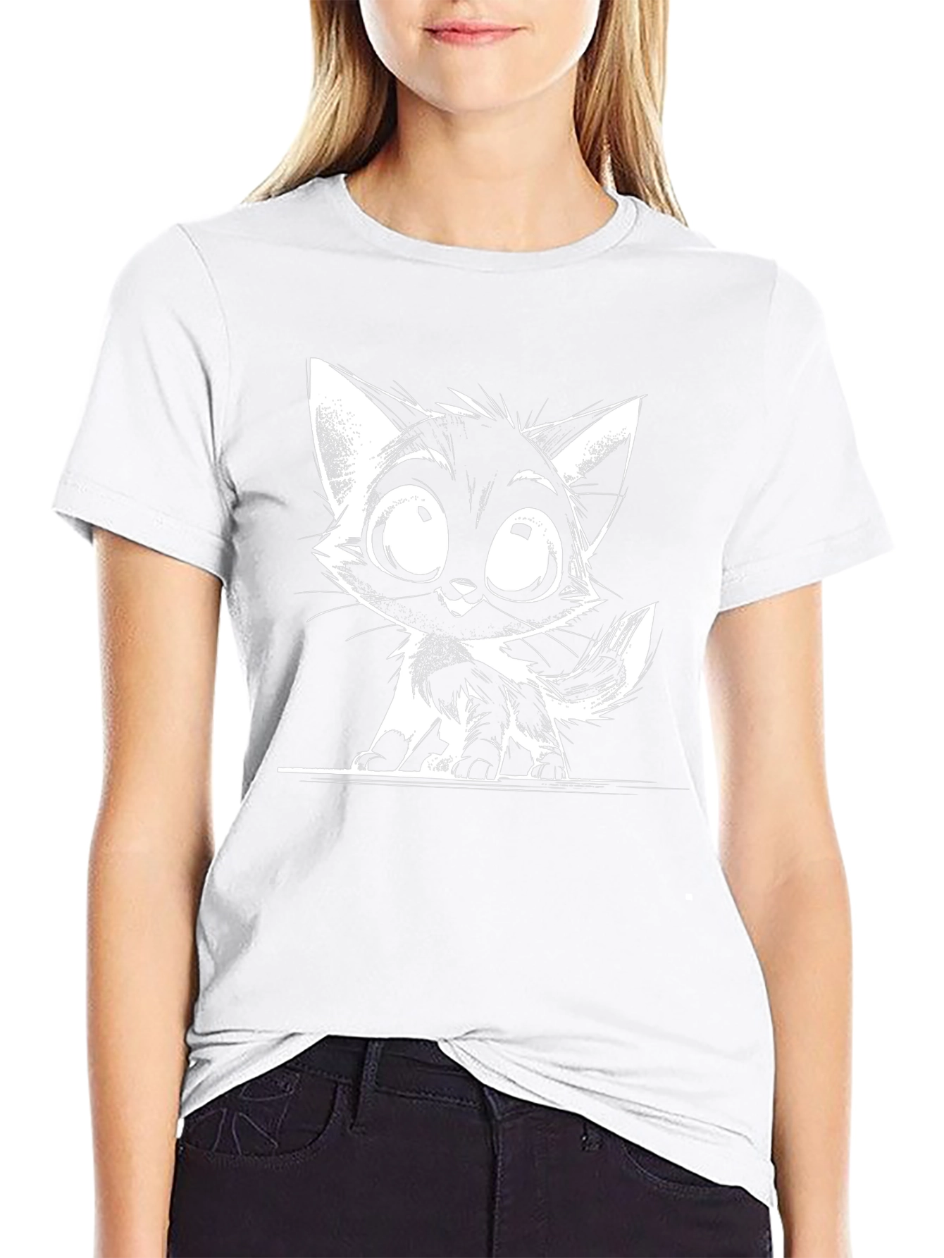 Cartoon Cat Graphic T-Shirt - Black