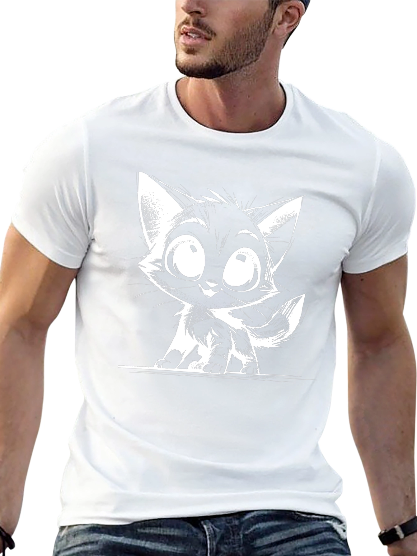 Cartoon Cat Graphic T-Shirt - Black