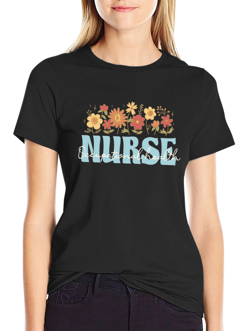 Nurse Occupational Health Floral Black T-Shirt