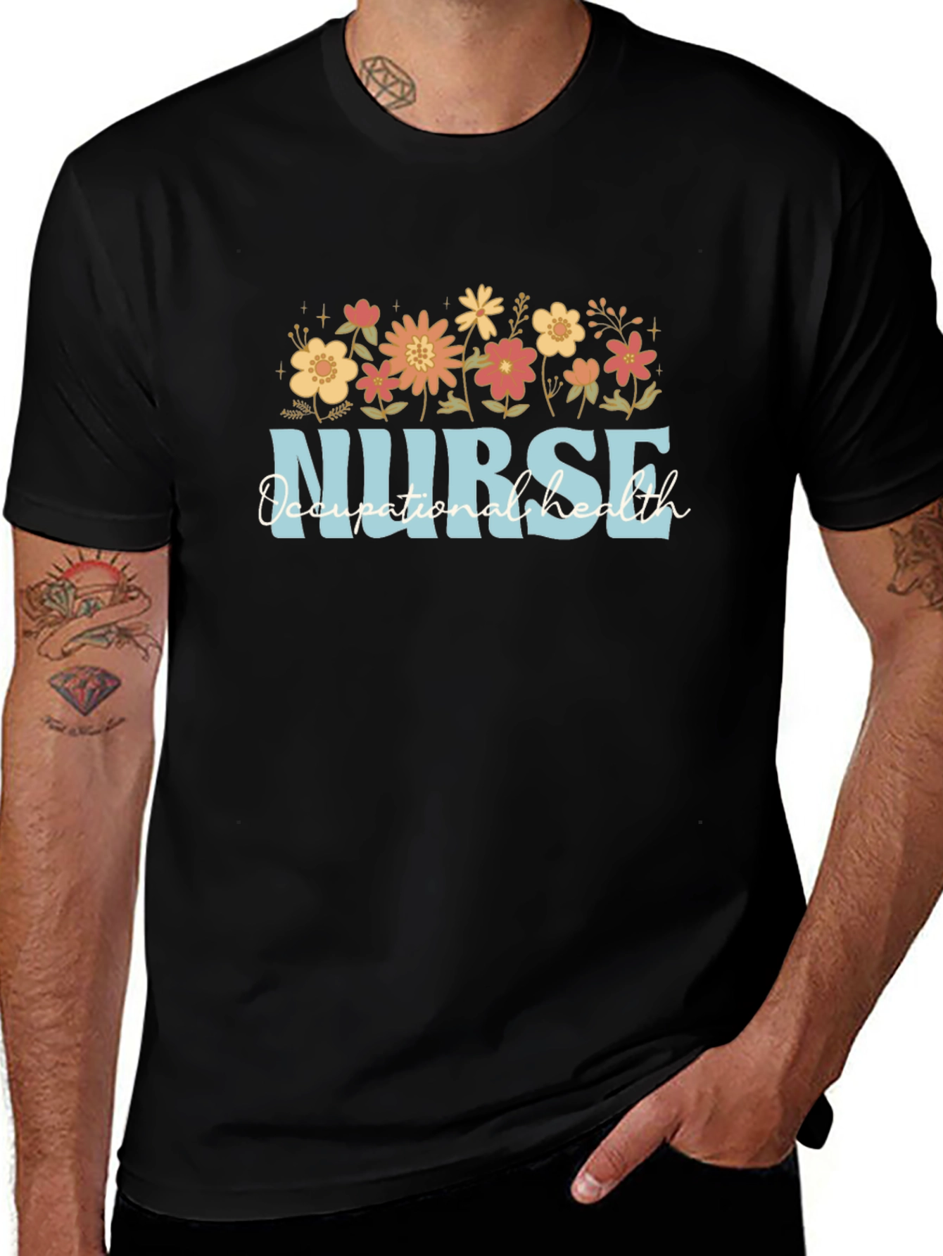 Nurse Occupational Health Floral Black T-Shirt