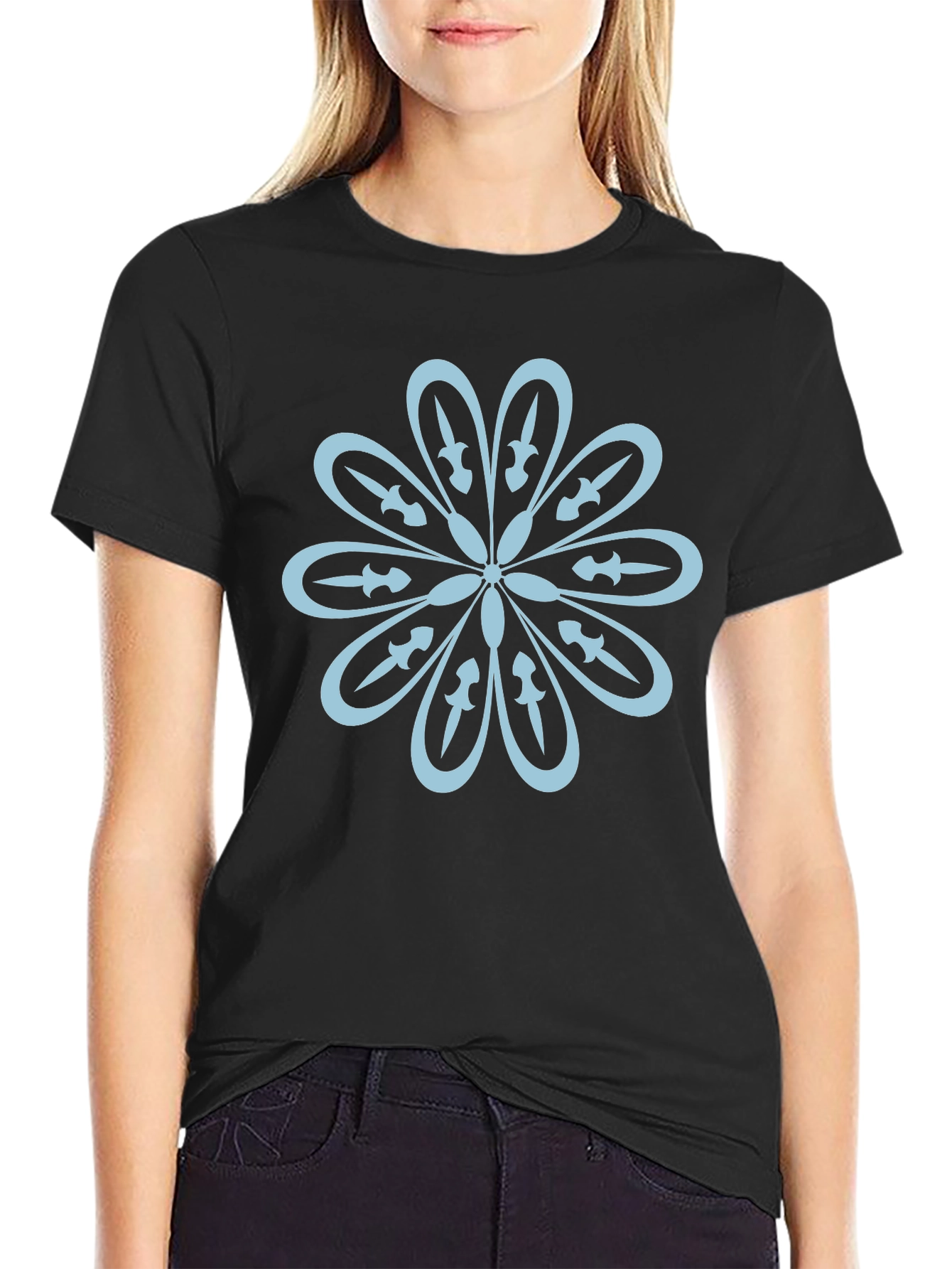 Black T-Shirt with Flower Sword Design