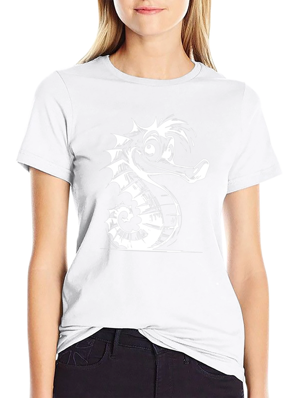 Cartoon Seahorse Graphic Tee - Black Cotton T-Shirt