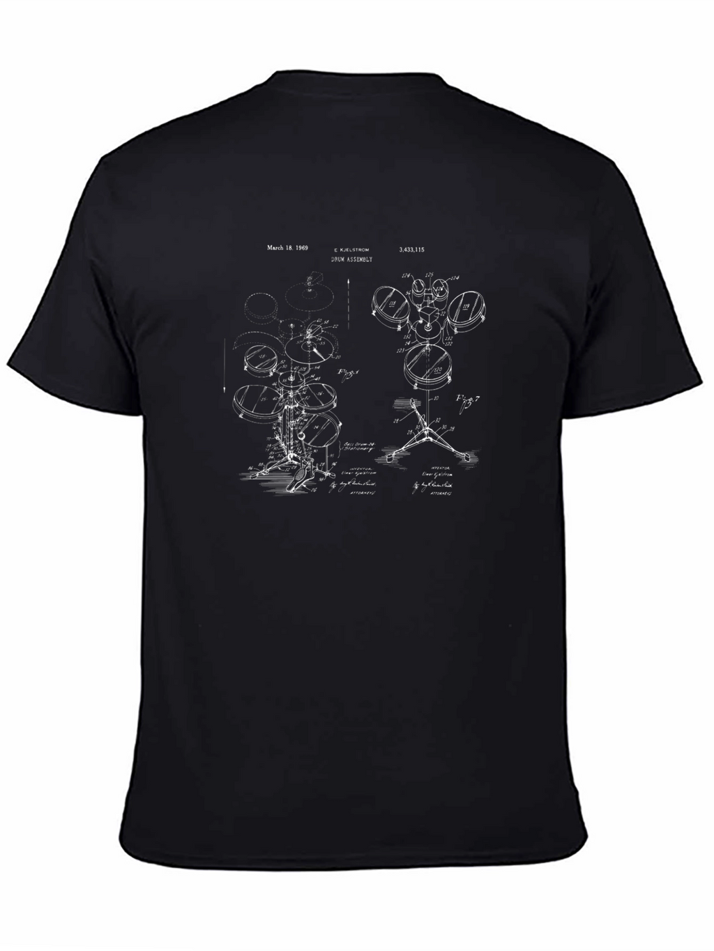 Drum Set Blueprint Black T-Shirt