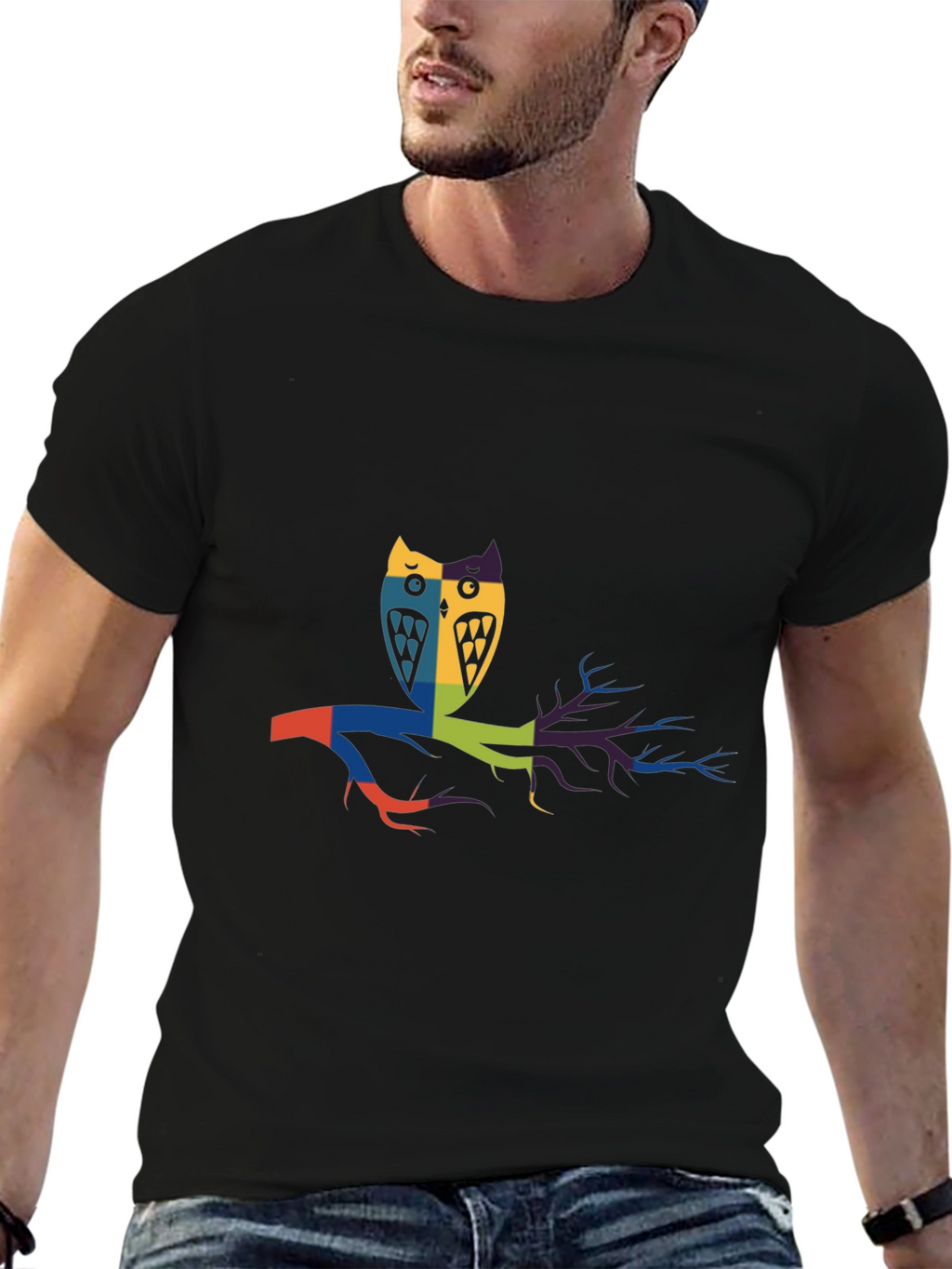 Abstract Owl Graphic Print Black T-Shirt