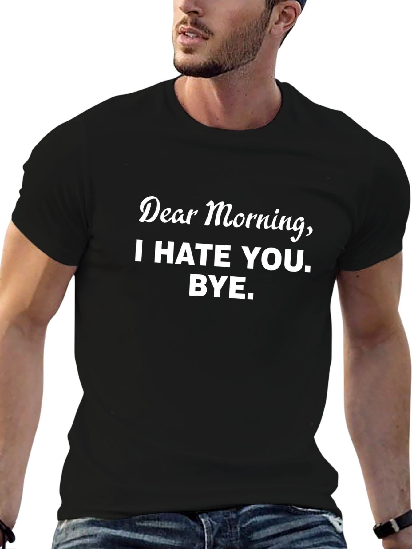 Funny Dear Morning Graphic Print Black T-Shirt