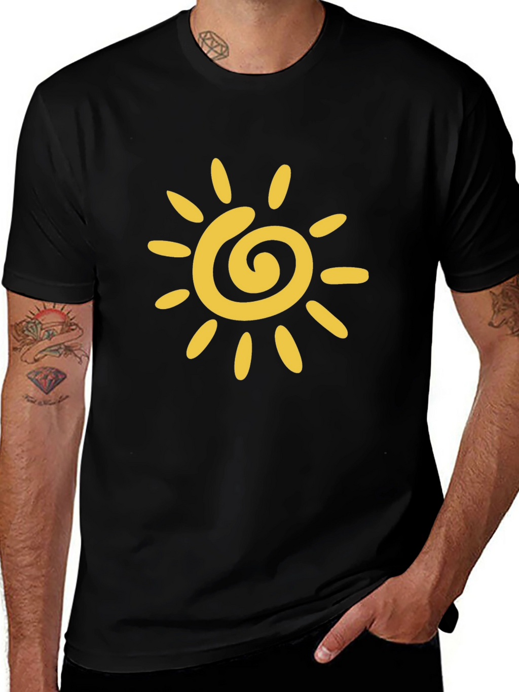 Black T-Shirt with Yellow Sun Graphic