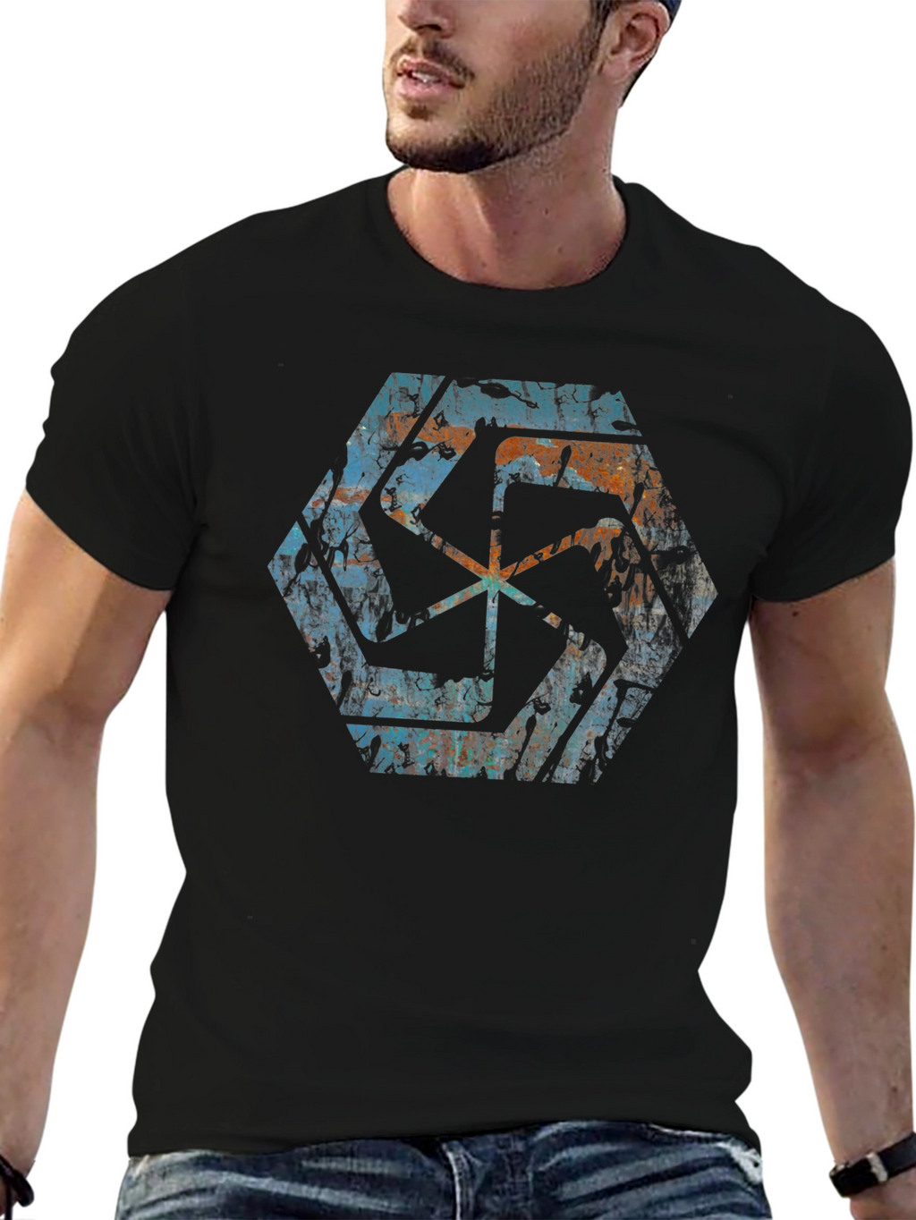 Geometric Graphic Print Mens Black T-Shirt