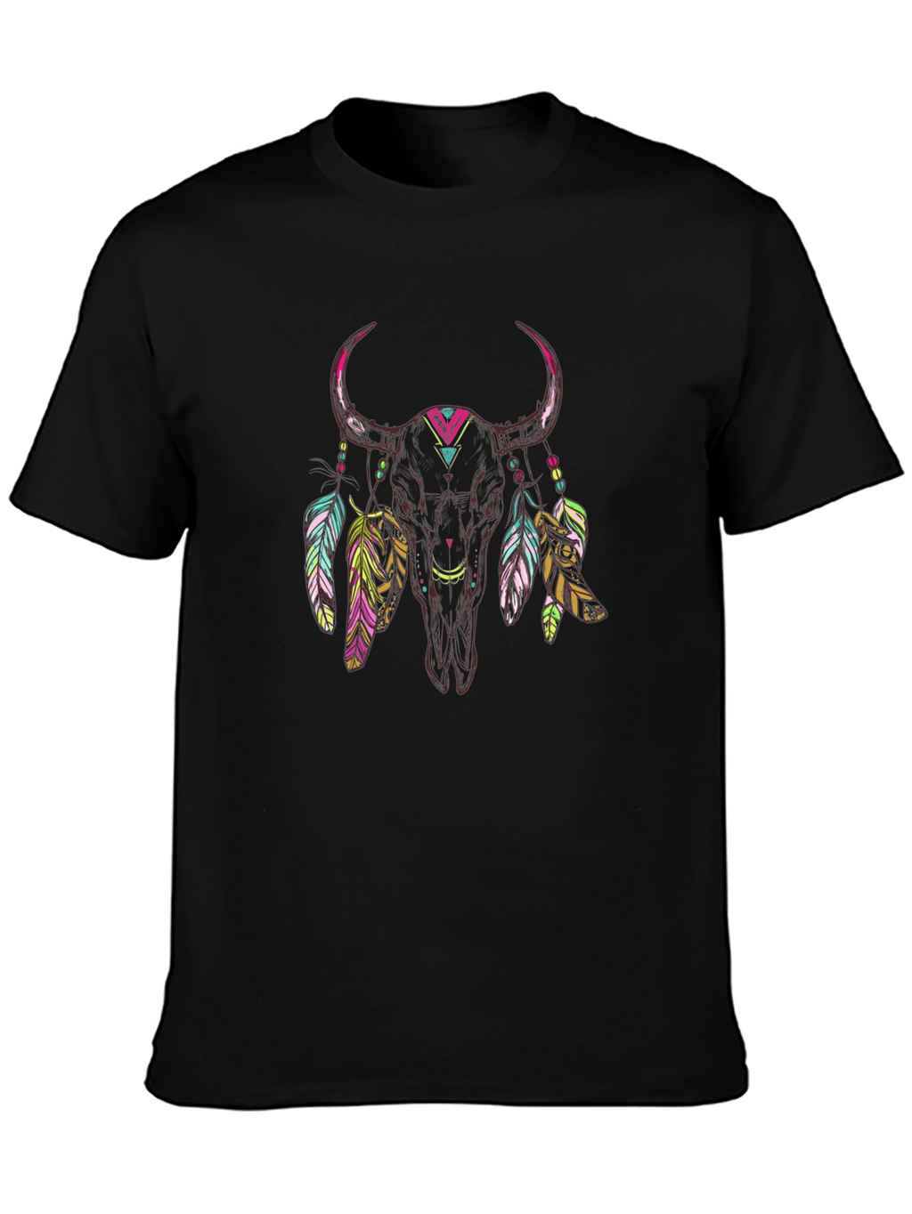 Bull Skull Feather Graphic Tee - Black