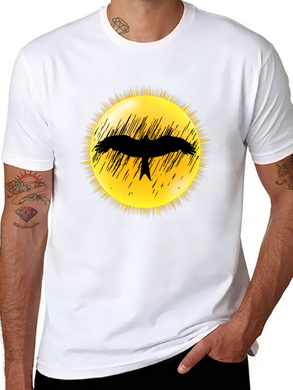 Black T-Shirt with Bird Silhouette Sun Design