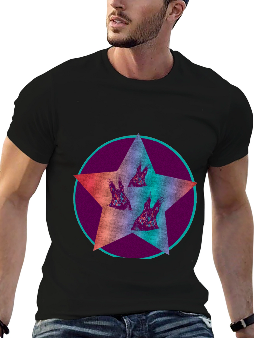 Star Circle Animal Print Graphic Tee - Black