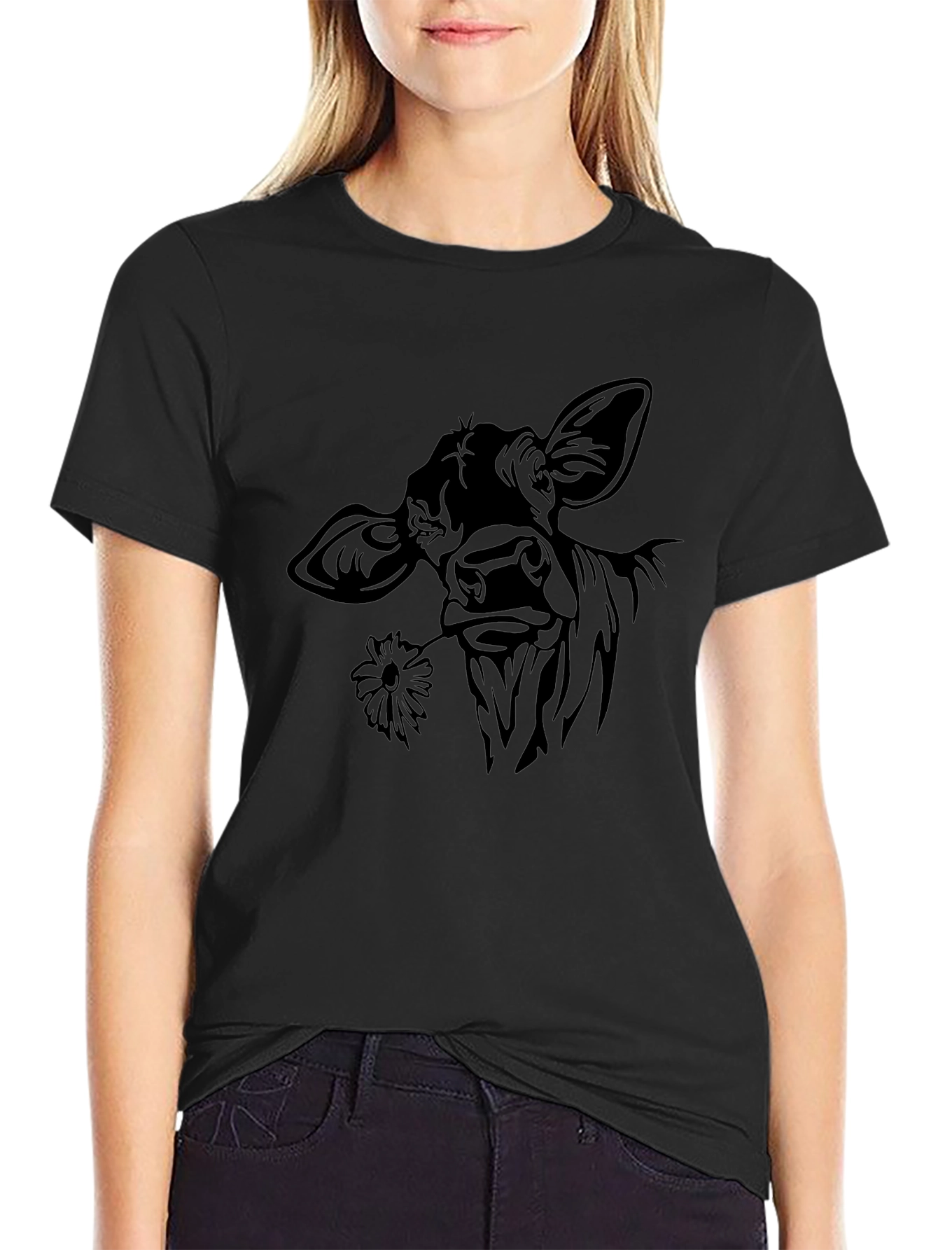 Cow with Flower T-Shirt - Black Crew Neck Tee