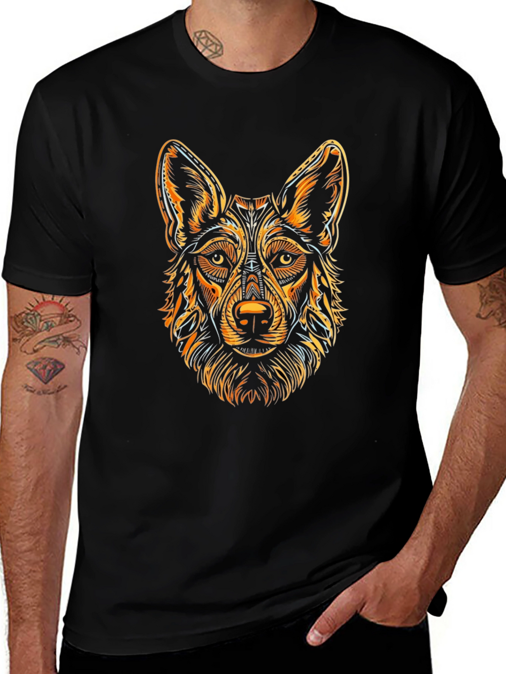Black T-Shirt with Stylized Dog Graphic