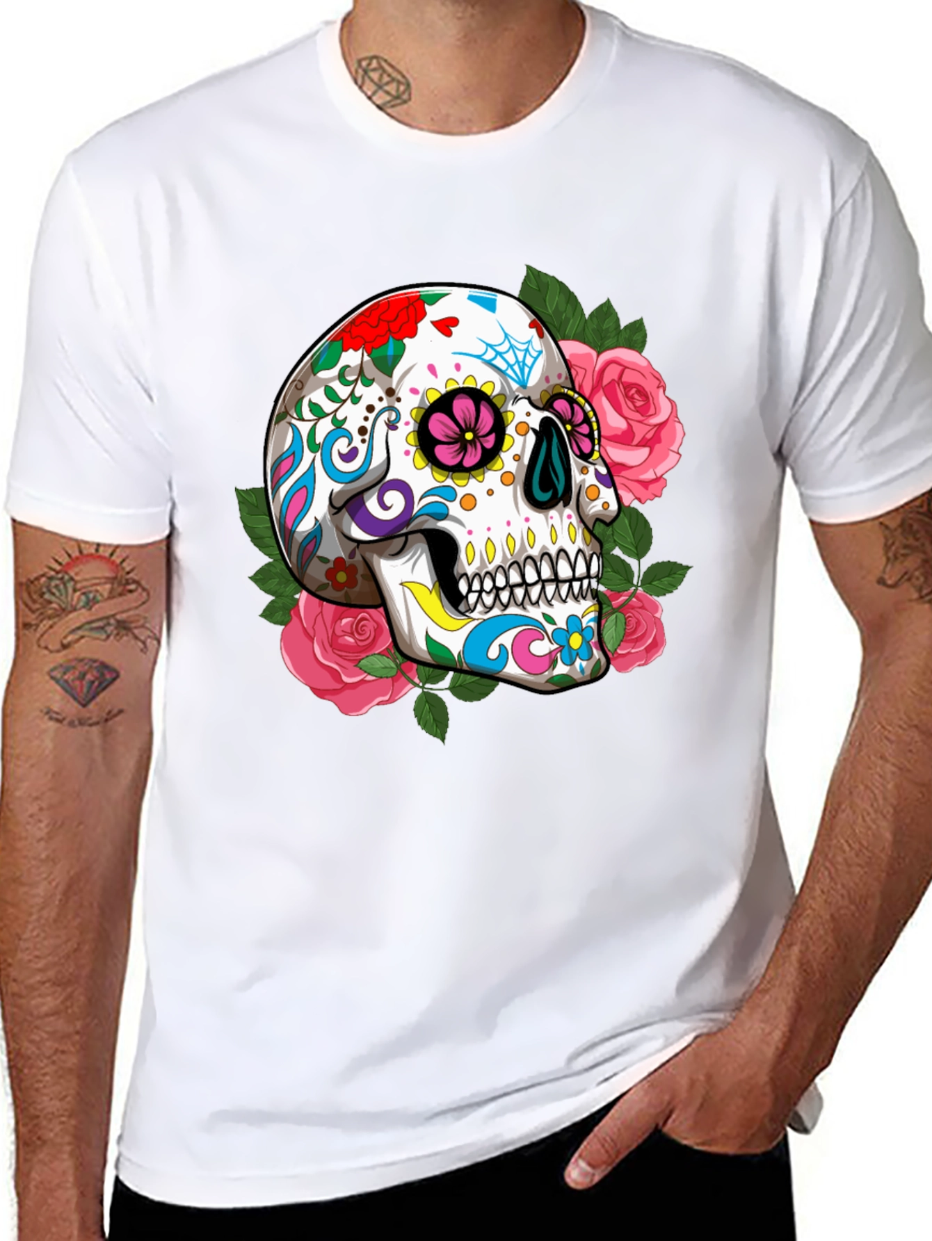 Floral Sugar Skull Graphic T-Shirt - Black