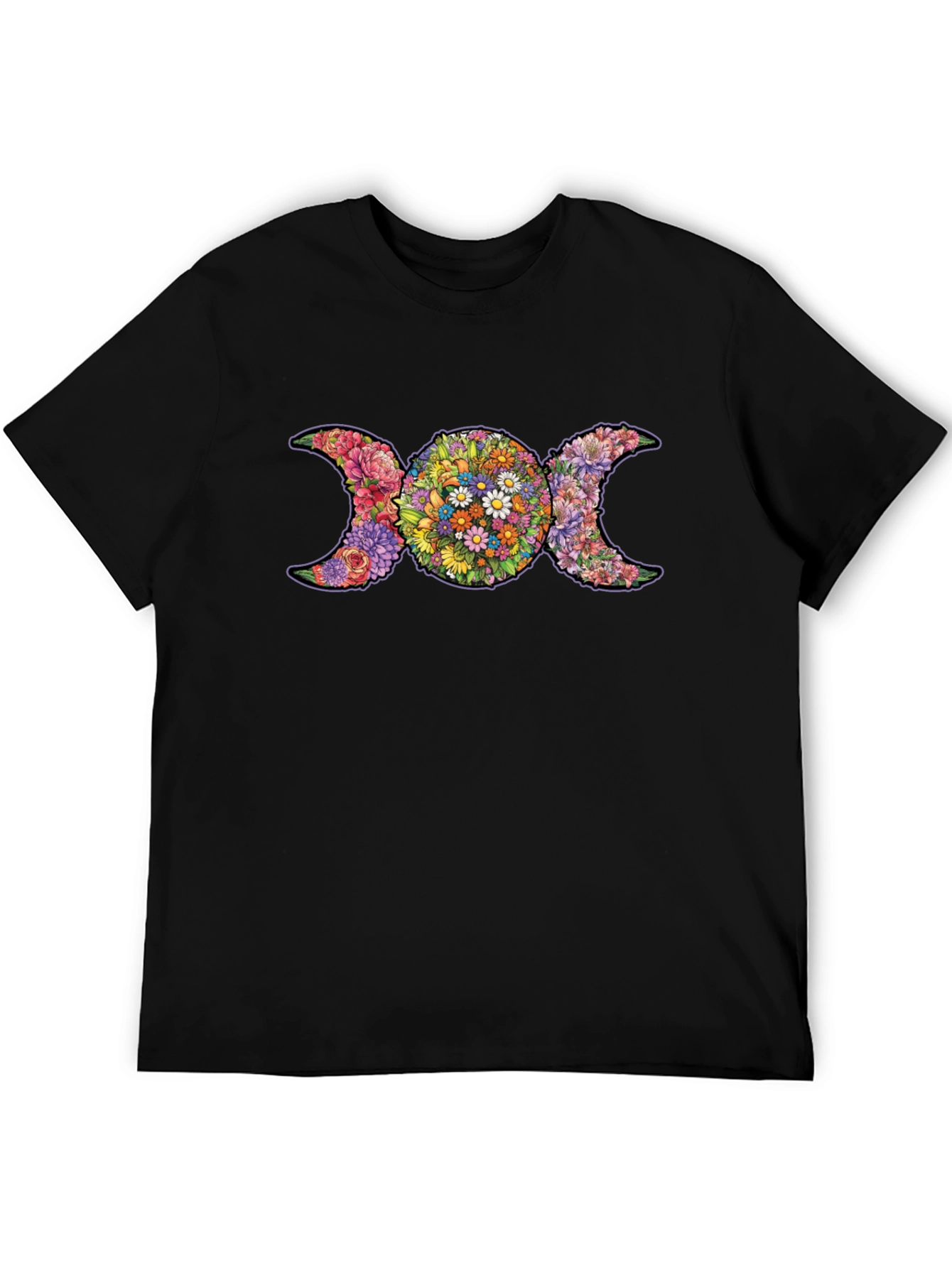 Floral Triple Moon Goddess T-Shirt - Black
