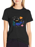 Black T-Shirt with Mermaid Cat Graphic