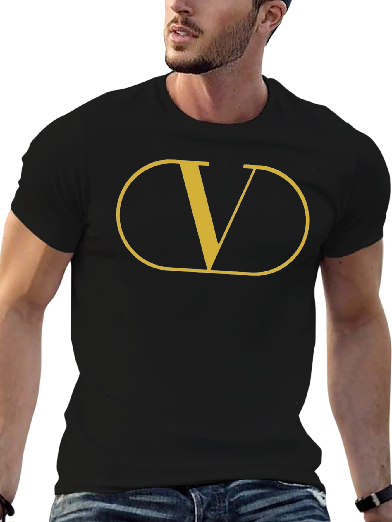Mens Black T-Shirt with Gold V Graphic