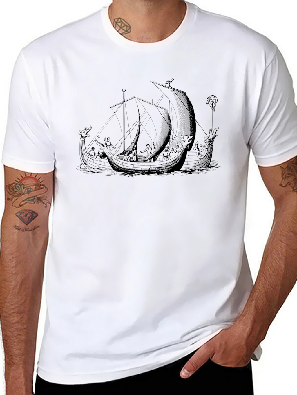 Black T-Shirt with Viking Ship Graphic