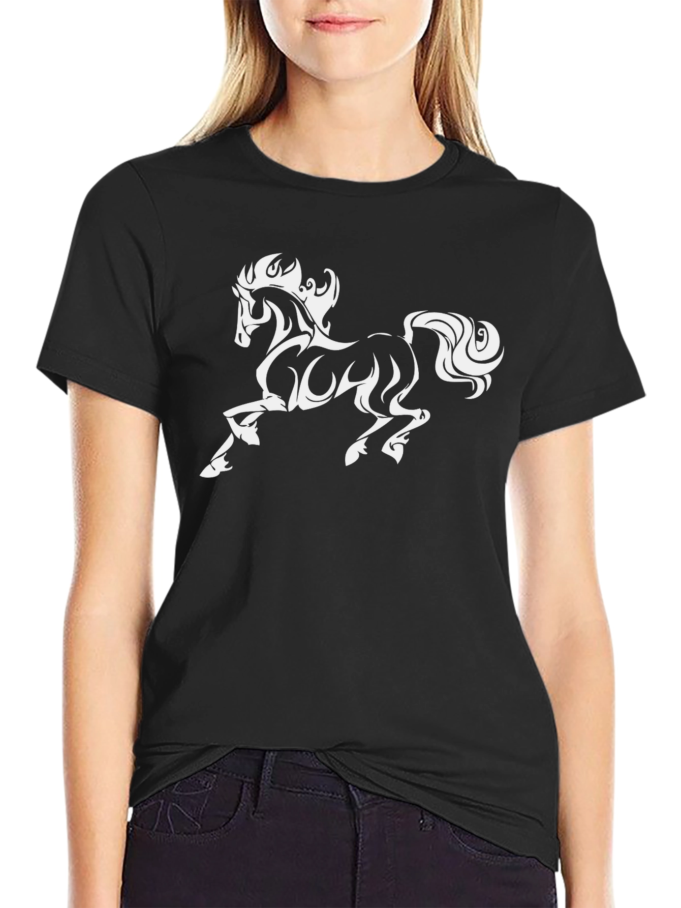 Mens Black T-Shirt with White Horse Graphic