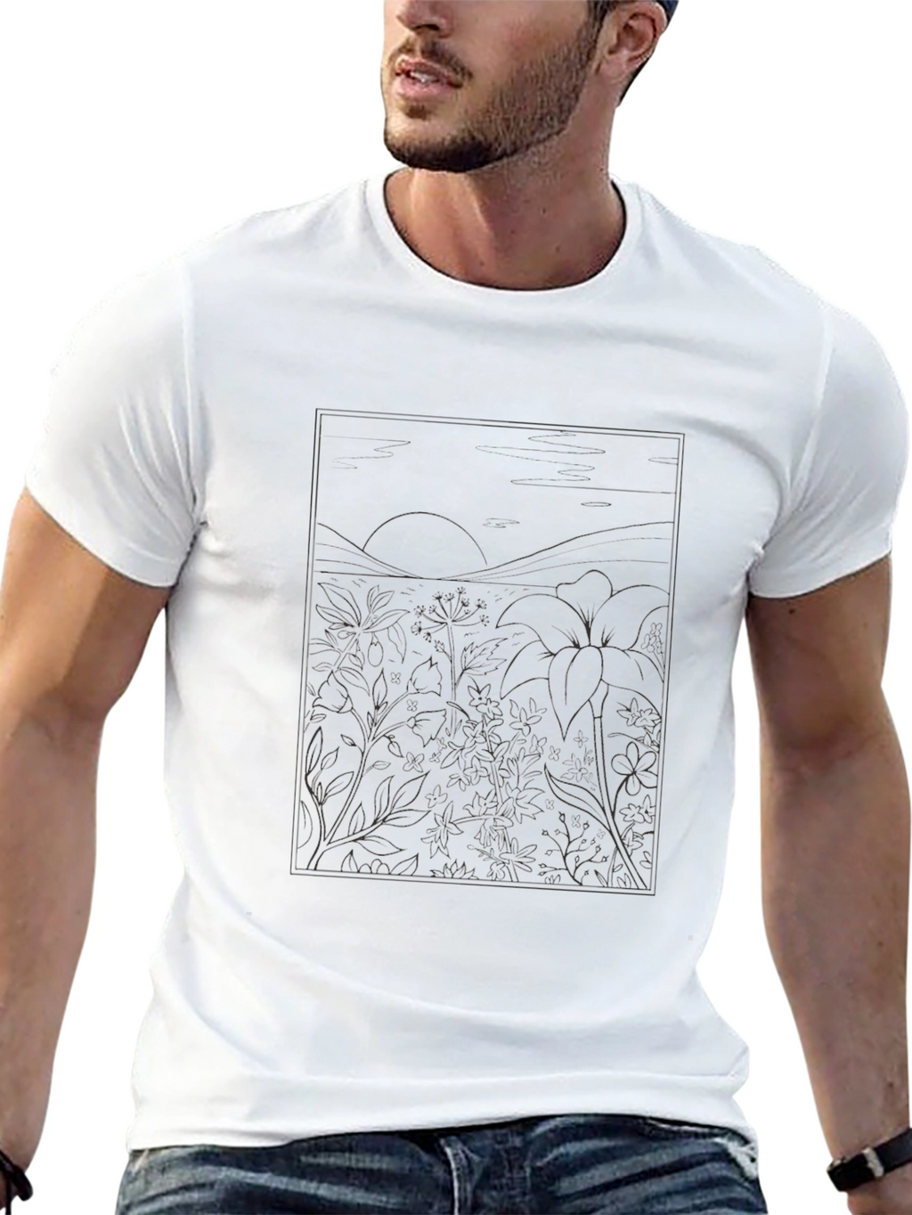 Black T-Shirt with Nature Illustration